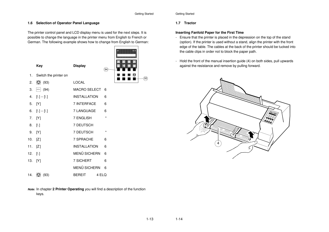 Epson MTX 1345 manual Selection of Operator Panel Language, Tractor Inserting Fanfold Paper for the First Time, KeyDisplay 