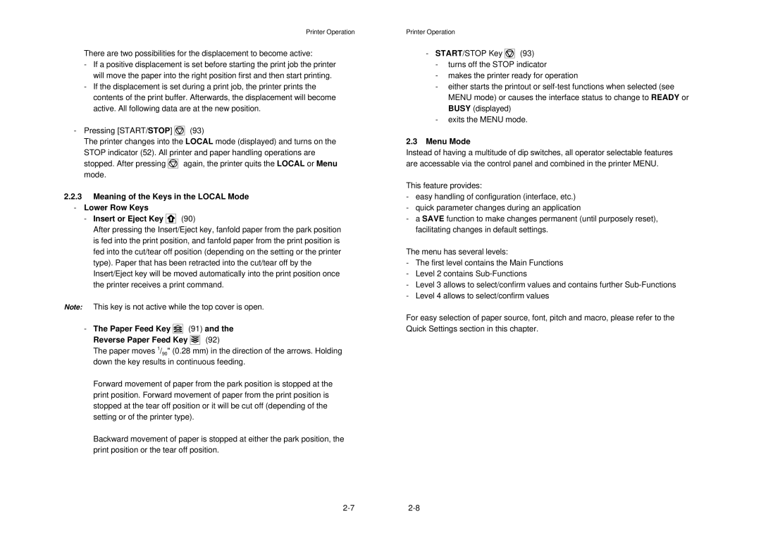 Epson MTX 1345 manual Paper Feed Key 91 Reverse Paper Feed Key, Menu Mode 