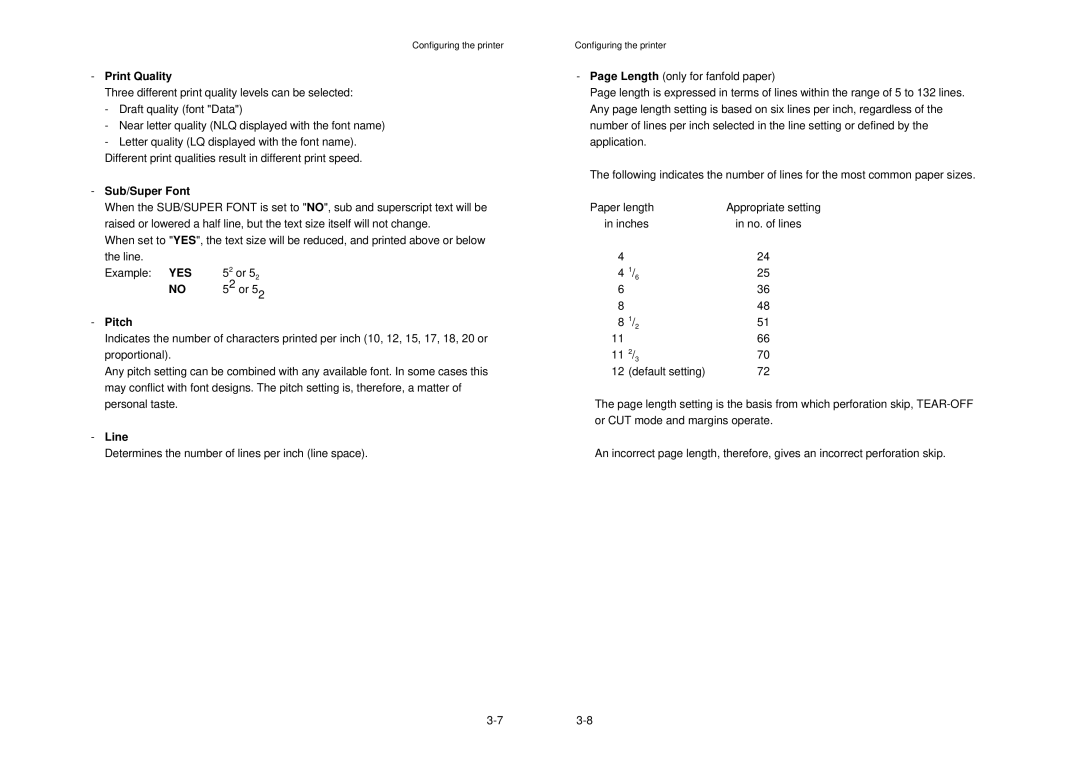 Epson MTX 1345 manual Print Quality, Sub/Super Font, Pitch, Line, Determines the number of lines per inch line space 