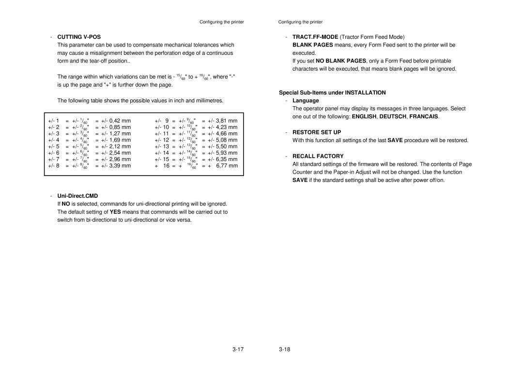 Epson MTX 1345 manual Cutting V-POS, Uni-Direct.CMD, Special Sub-Items under Installation Language, Restore SET UP 