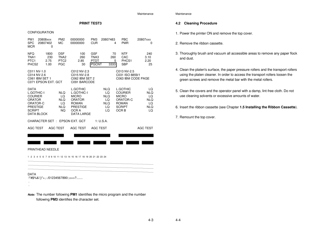 Epson MTX 1345 manual Print TEST3, Cleaning Procedure 