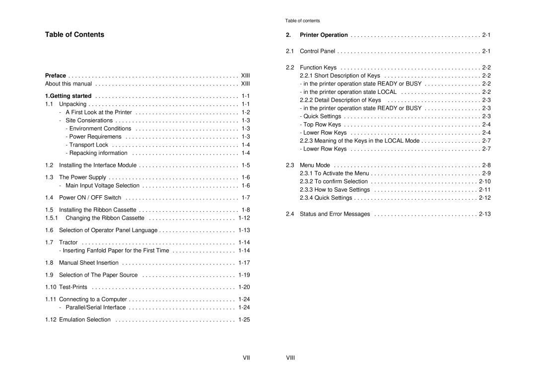 Epson MTX 1345 manual Table of Contents 