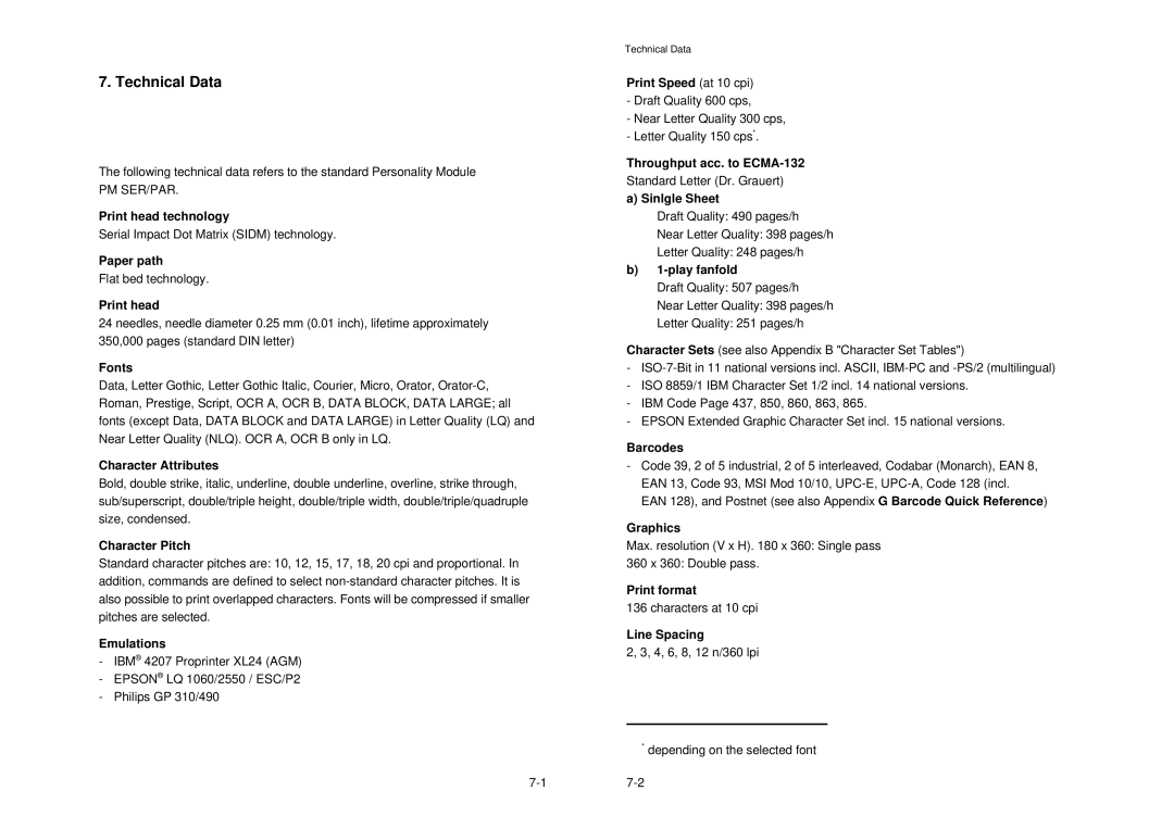 Epson MTX 1345 manual Technical Data 