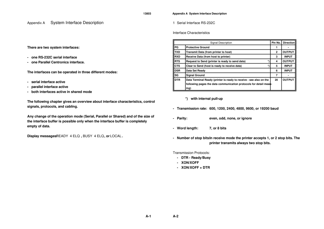 Epson MTX 1345 manual Appendix a System Interface Description, Display messages Ready 4 ELQ , Busy 4 ELQ, or Local 