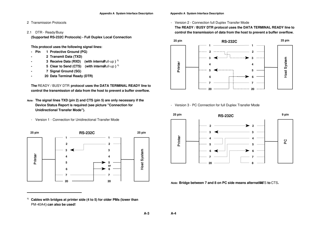 Epson MTX 1345 manual Transmission Protocols DTR Ready/Busy, Version 1 Connection for Unidirectional Transfer Mode 