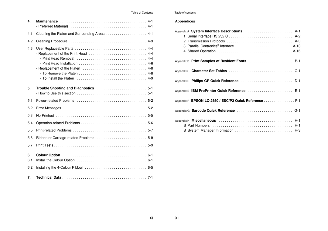 Epson MTX 1345 manual Trouble Shooting and Diagnostics, Appendices, Epson LQ 2550 / ESC/P2 Quick Reference, Xixii 