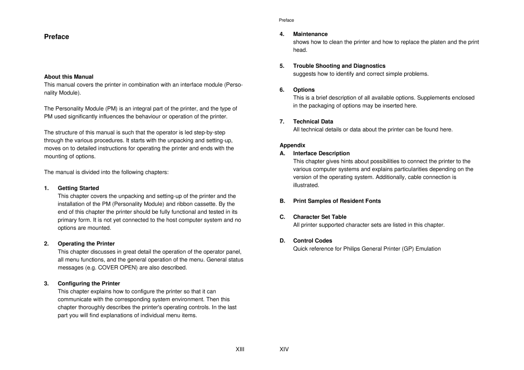 Epson MTX 1345 About this Manual, Operating the Printer, Configuring the Printer, Maintenance, Options, Technical Data 