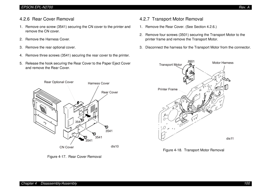 Epson N2700 manual Rear Cover Removal, Transport Motor Removal 