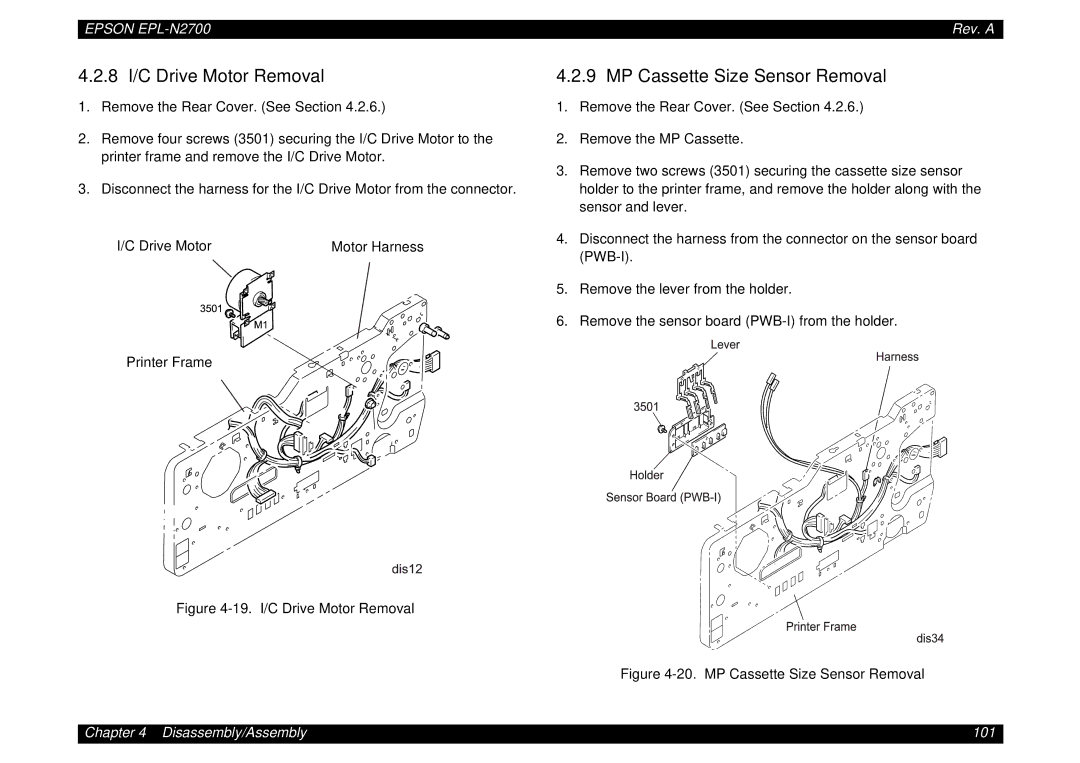 Epson N2700 manual 8 I/C Drive Motor Removal, MP Cassette Size Sensor Removal 