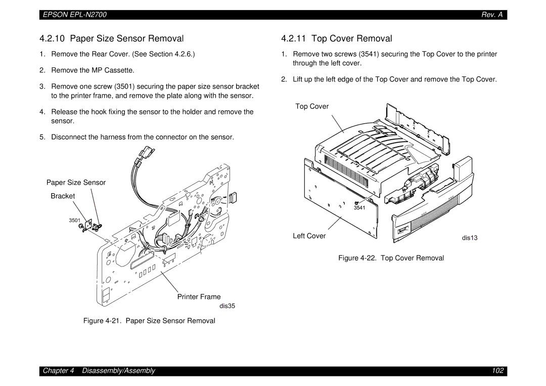 Epson N2700 manual Paper Size Sensor Removal, Top Cover Removal 