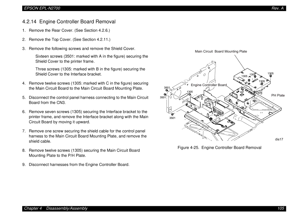 Epson N2700 manual Engine Controller Board Removal 