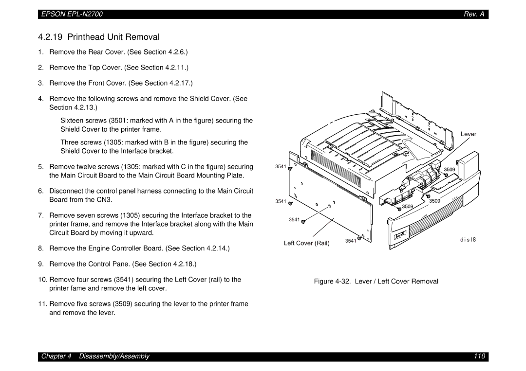 Epson N2700 manual Printhead Unit Removal, Lever / Left Cover Removal 