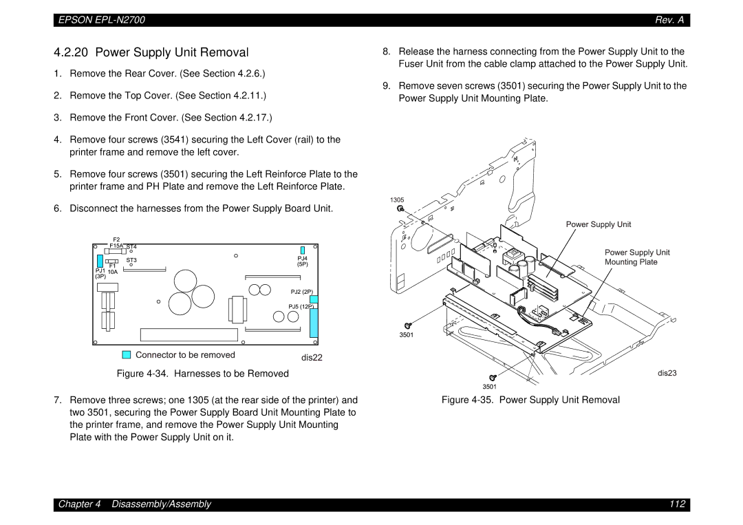 Epson N2700 manual Power Supply Unit Removal, Harnesses to be Removed 