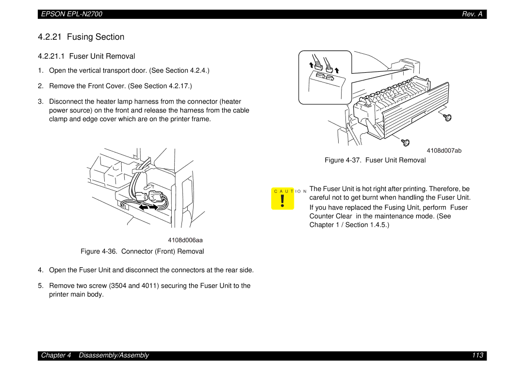 Epson N2700 manual Fusing Section, Fuser Unit Removal 