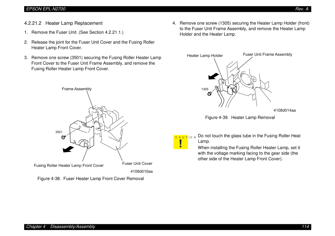 Epson N2700 manual Heater Lamp Replacement, Fuser Heater Lamp Front Cover Removal 