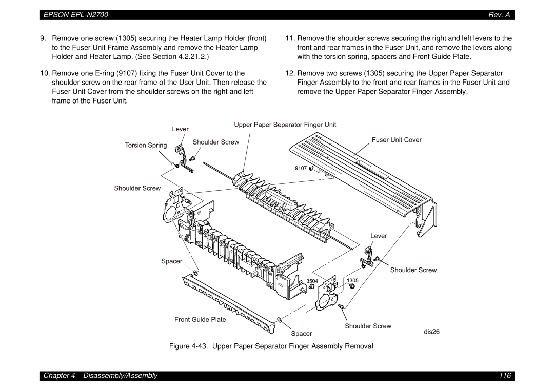 Epson N2700 manual Disassembly/Assembly 116 