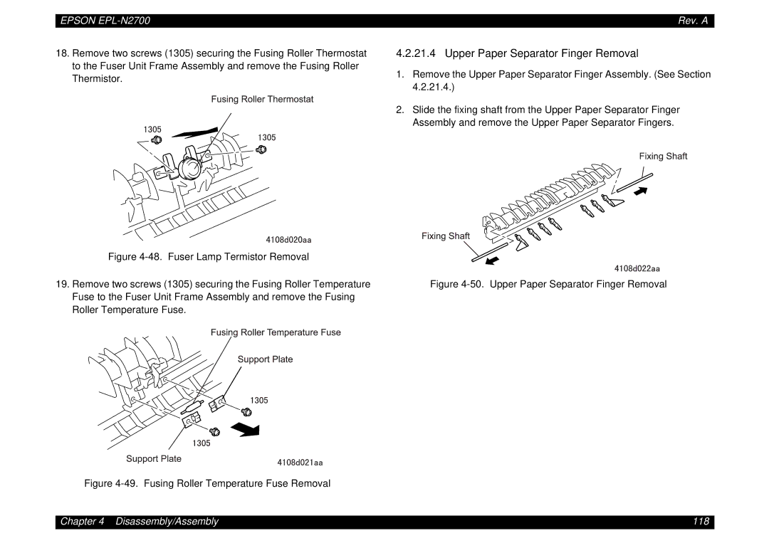 Epson N2700 manual Upper Paper Separator Finger Removal, Fuser Lamp Termistor Removal 