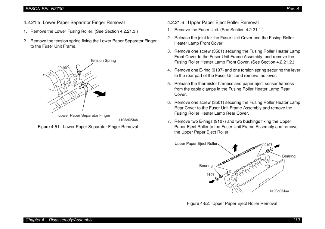 Epson N2700 manual Lower Paper Separator Finger Removal, Upper Paper Eject Roller Removal 