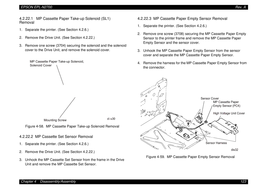 Epson N2700 manual MP Cassette Paper Take-up Solenoid SL1 Removal, MP Cassette Set Sensor Removal 