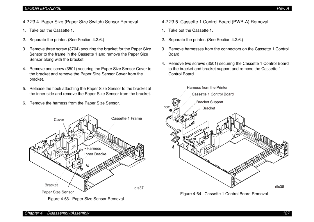 Epson N2700 manual Paper Size Paper Size Switch Sensor Removal, Cassette 1 Control Board PWB-A Removal 
