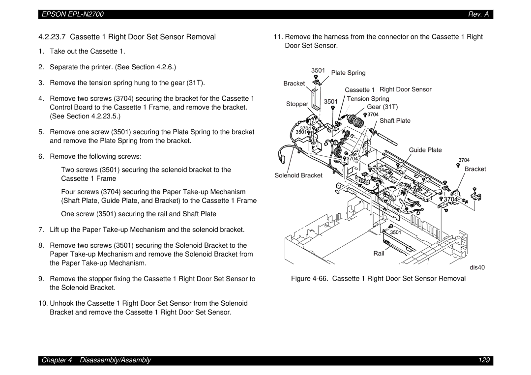Epson N2700 manual Cassette 1 Right Door Set Sensor Removal 