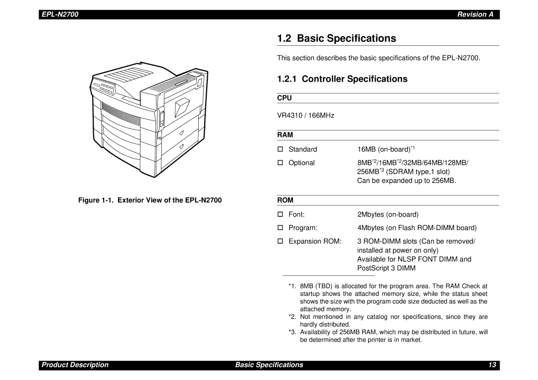 Epson N2700 manual Controller Specifications, Cpu, Ram, Rom 