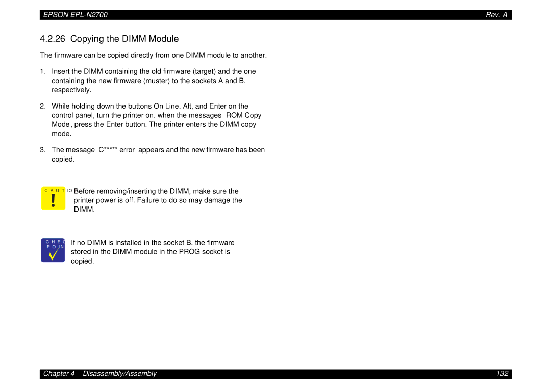 Epson N2700 manual Copying the Dimm Module 