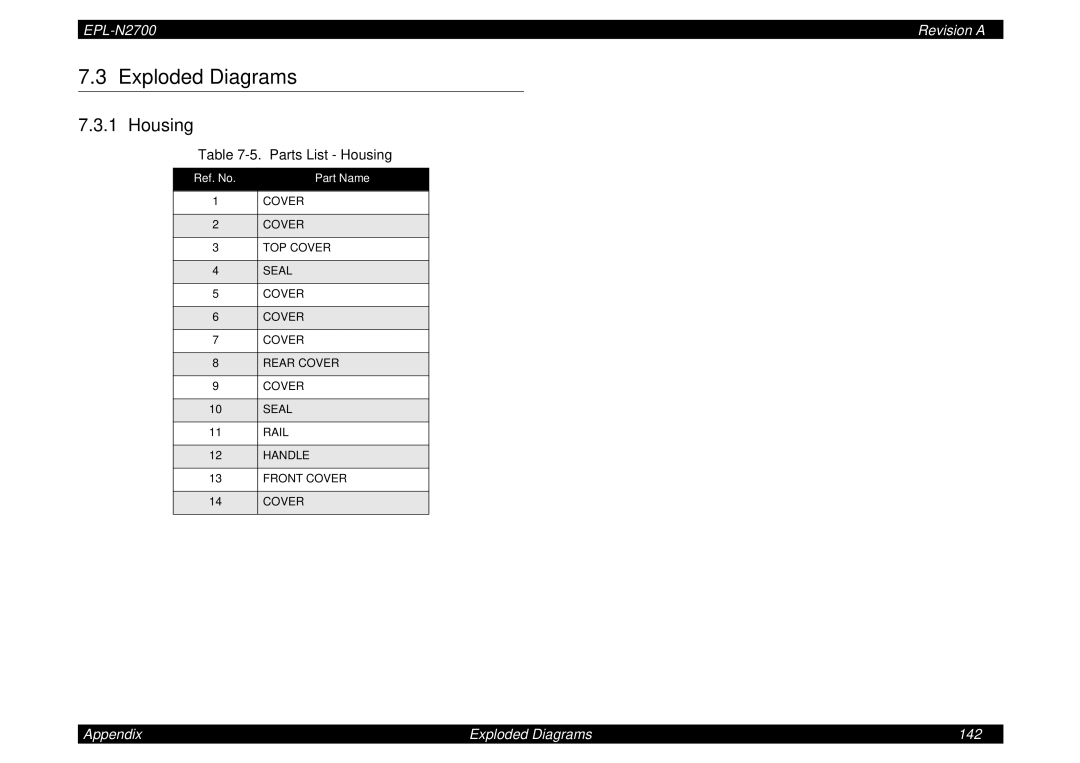 Epson N2700 manual Parts List Housing, Ref. No Part Name 