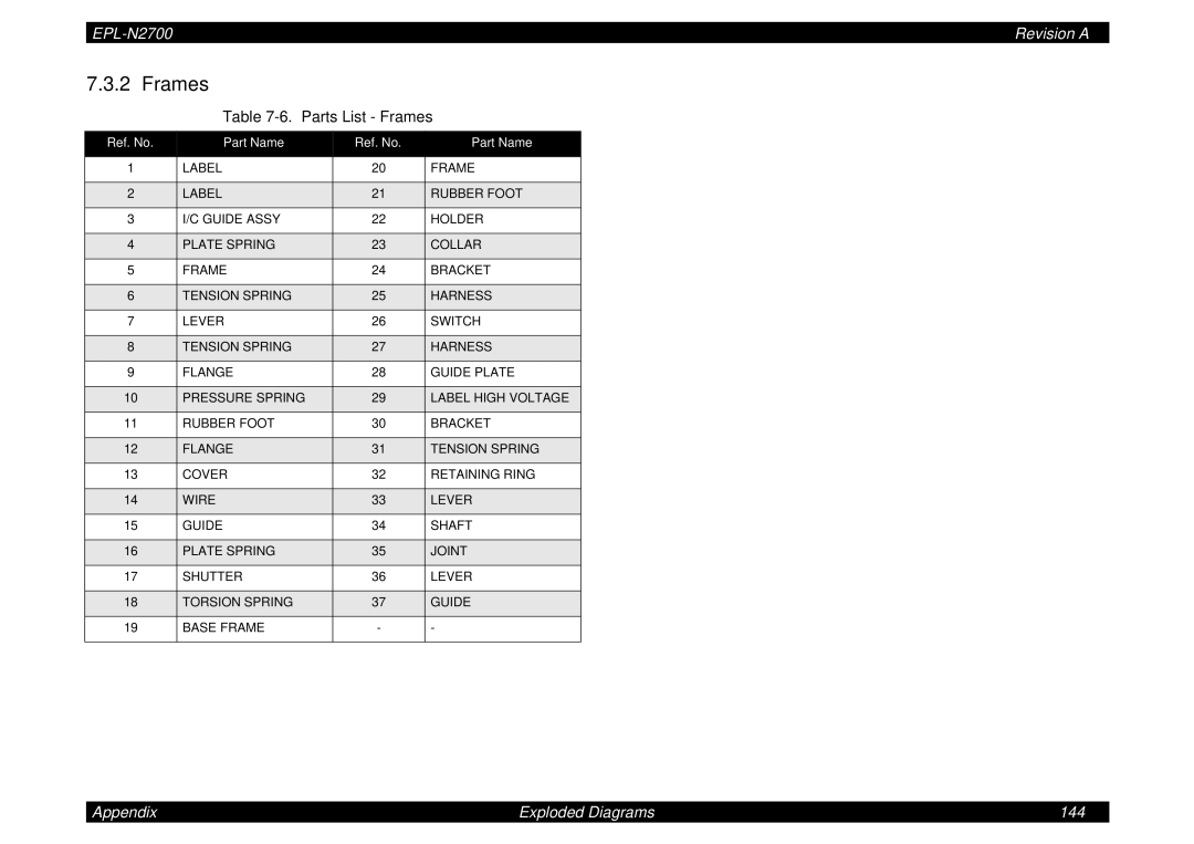 Epson N2700 manual Parts List Frames 