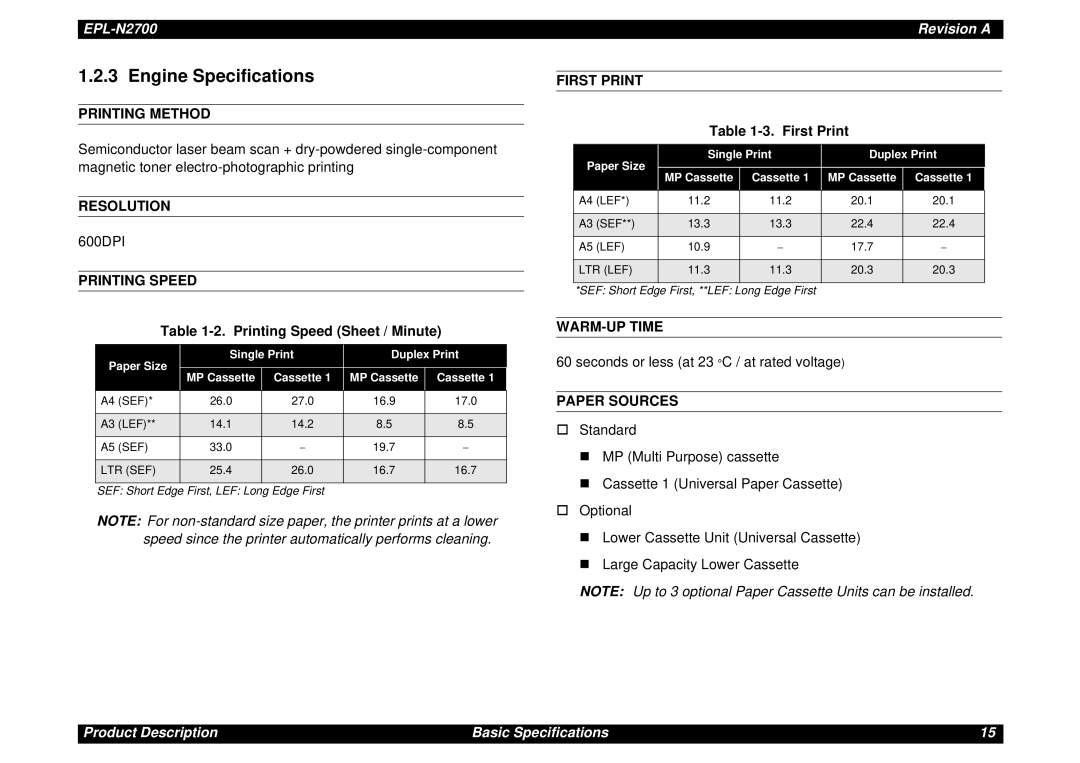 Epson N2700 manual Engine Specifications 