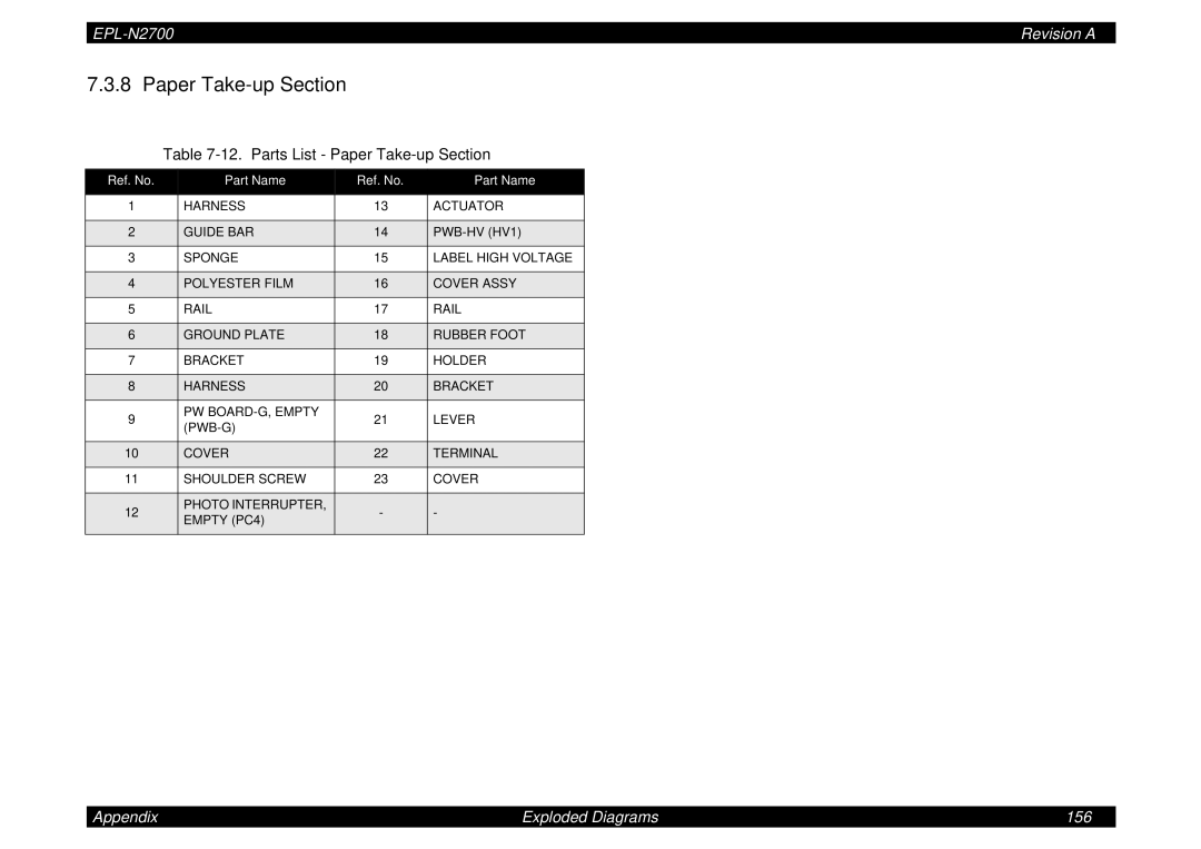 Epson N2700 manual Parts List Paper Take-up Section 