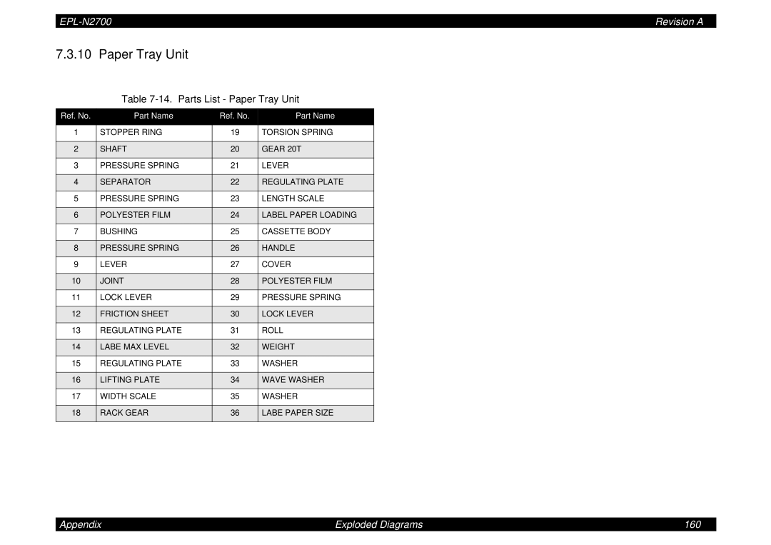 Epson N2700 manual Parts List Paper Tray Unit 