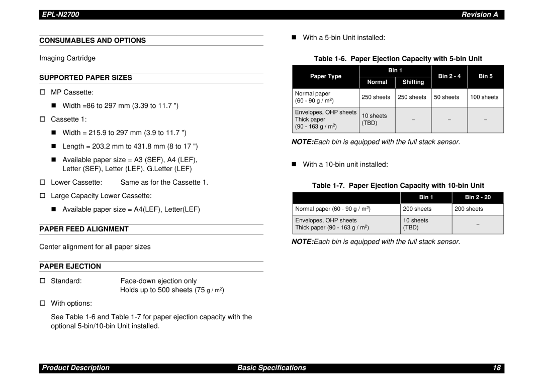 Epson N2700 manual Consumables and Options, Supported Paper Sizes, Paper Feed Alignment, Paper Ejection 