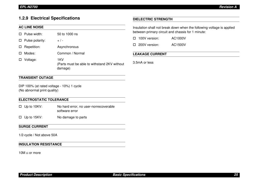 Epson N2700 manual Electrical Specifications 