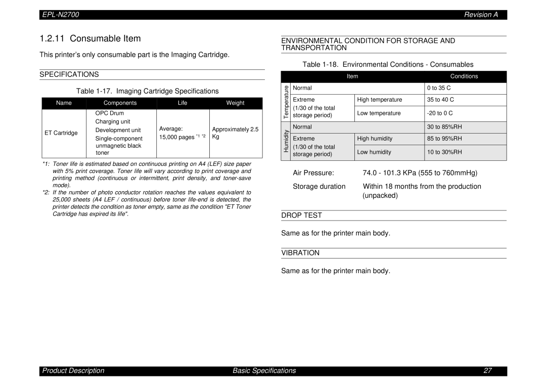 Epson N2700 Consumable Item, Specifications, Environmental Condition for Storage and Transportation, Drop Test, Vibration 