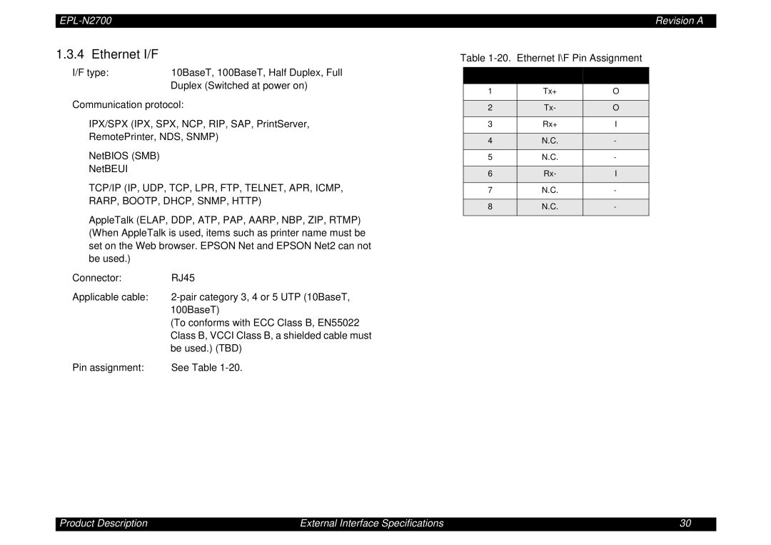 Epson N2700 manual Ethernet I/F, Ethernet I\F Pin Assignment 