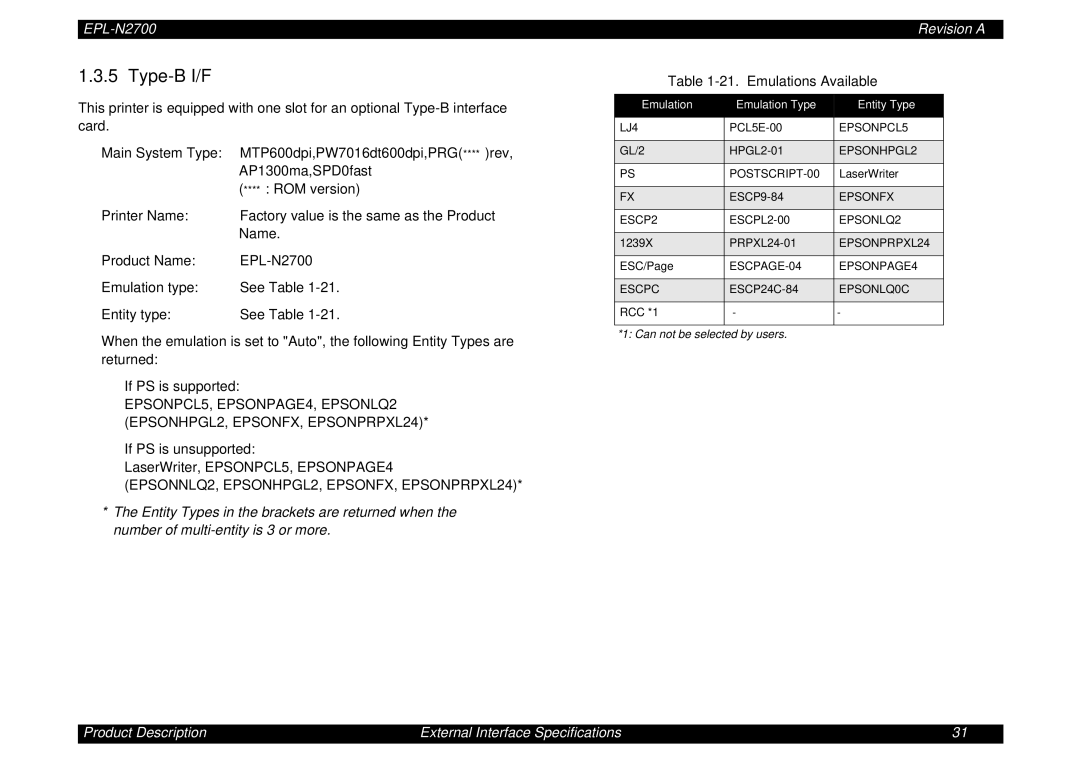 Epson N2700 manual Type-B I/F, Emulations Available, Emulation Emulation Type Entity Type 