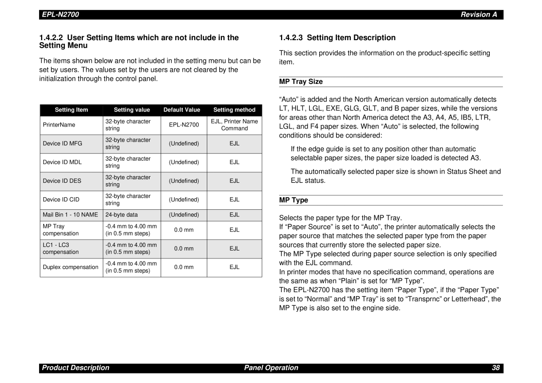 Epson N2700 manual Setting Item Description, MP Tray Size, MP Type, Setting Item Setting value Default Value Setting method 