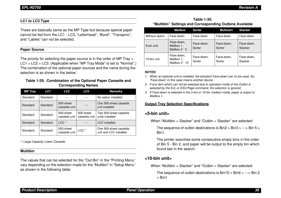 Epson N2700 manual LC1 to LC3 Type, Multibin Settings and Corresponding Outbins Available, Paper Source 