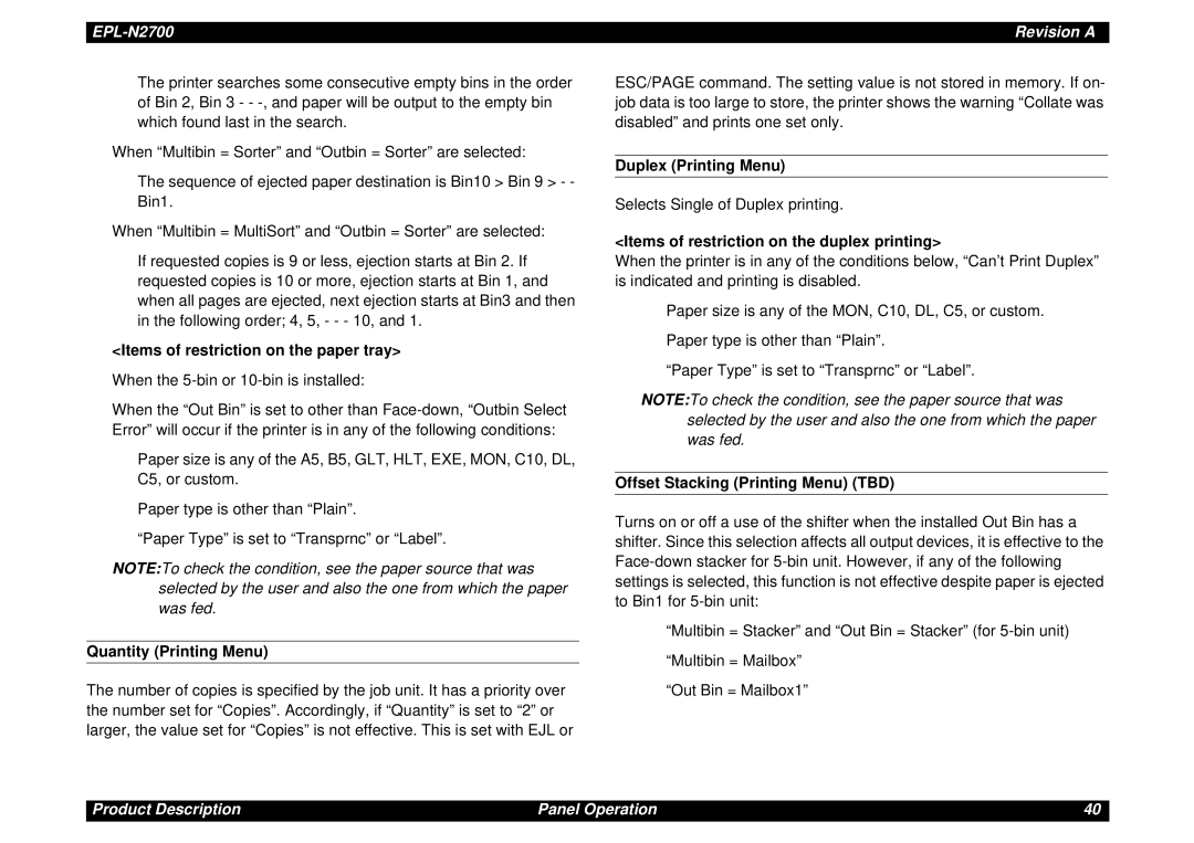 Epson N2700 manual Items of restriction on the paper tray, Quantity Printing Menu, Duplex Printing Menu 