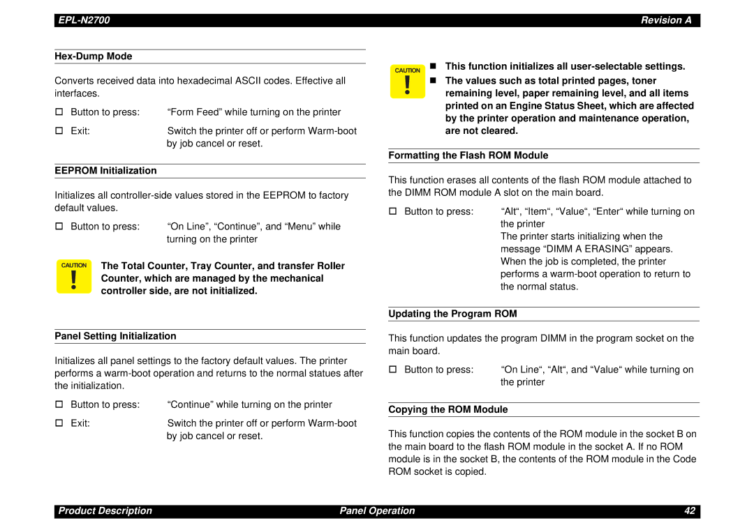 Epson N2700 manual Hex-Dump Mode, Eeprom Initialization, Updating the Program ROM, Copying the ROM Module 