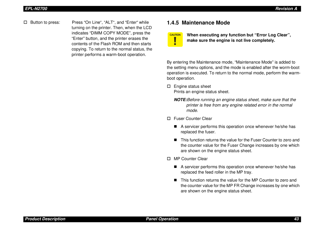 Epson N2700 manual Maintenance Mode 