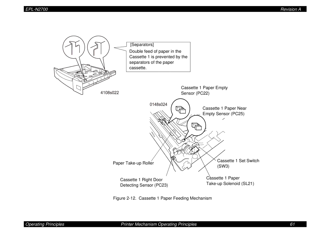 Epson N2700 manual Separators, Cassette 1 Paper Feeding Mechanism 