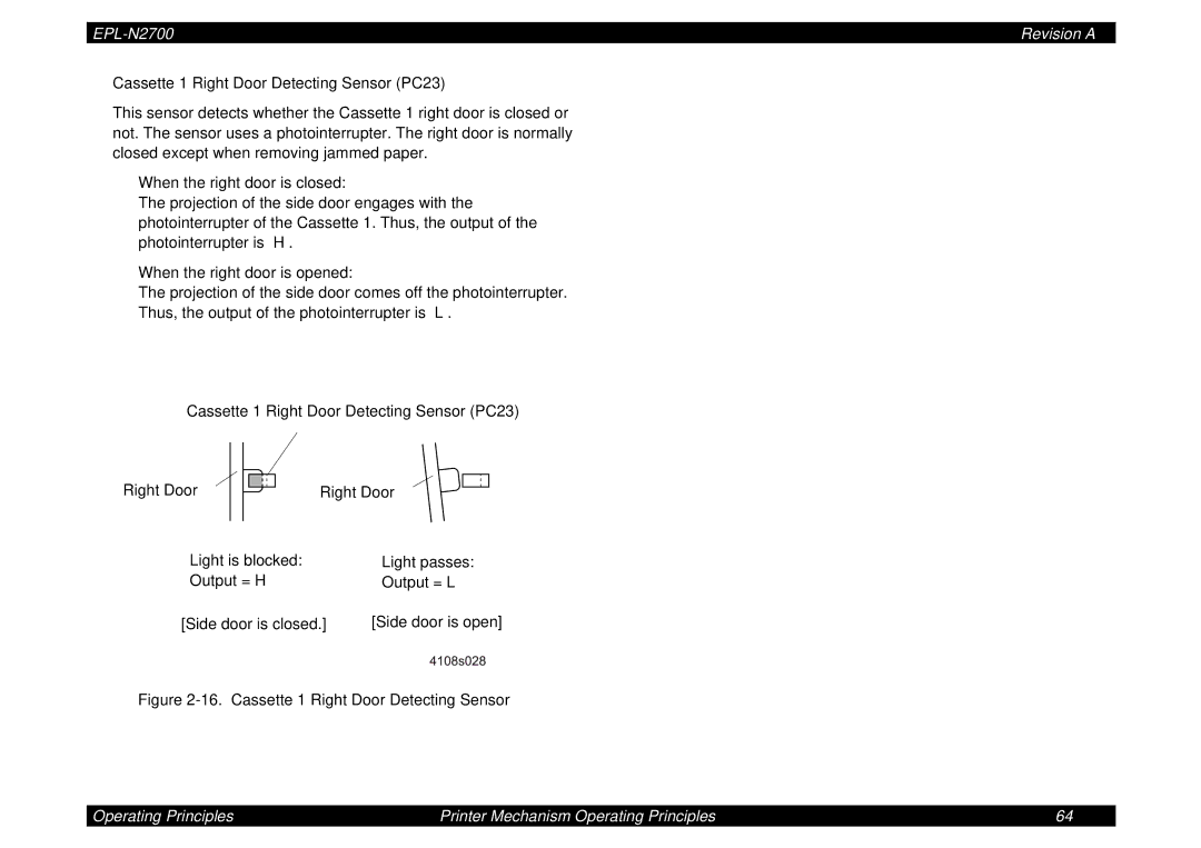 Epson N2700 manual Cassette 1 Right Door Detecting Sensor 