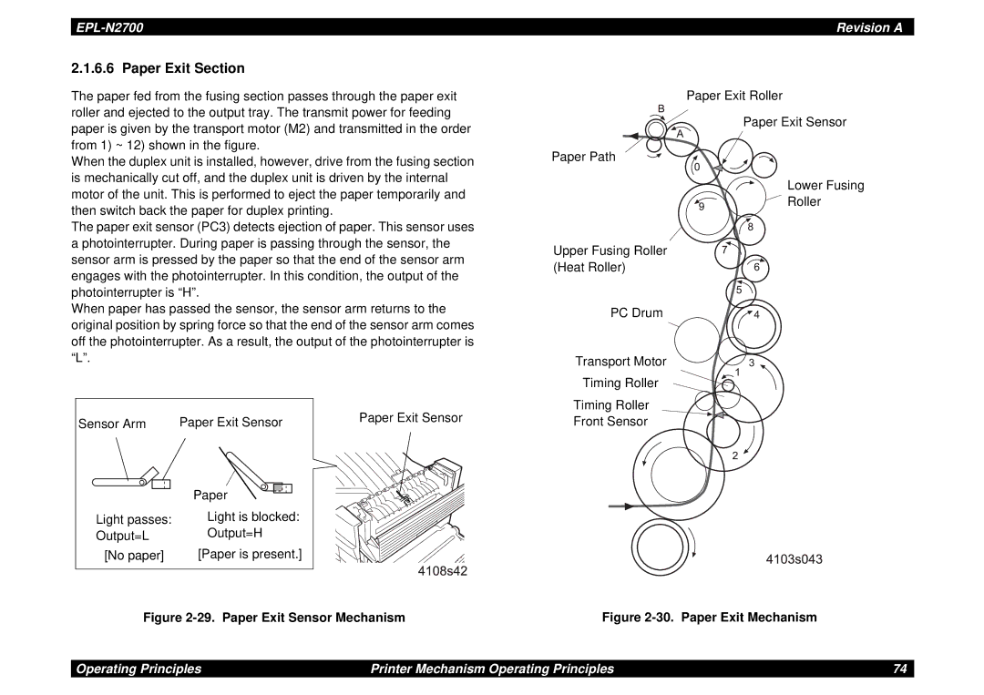 Epson N2700 manual Paper Exit Section, Paper Exit Sensor Mechanism 
