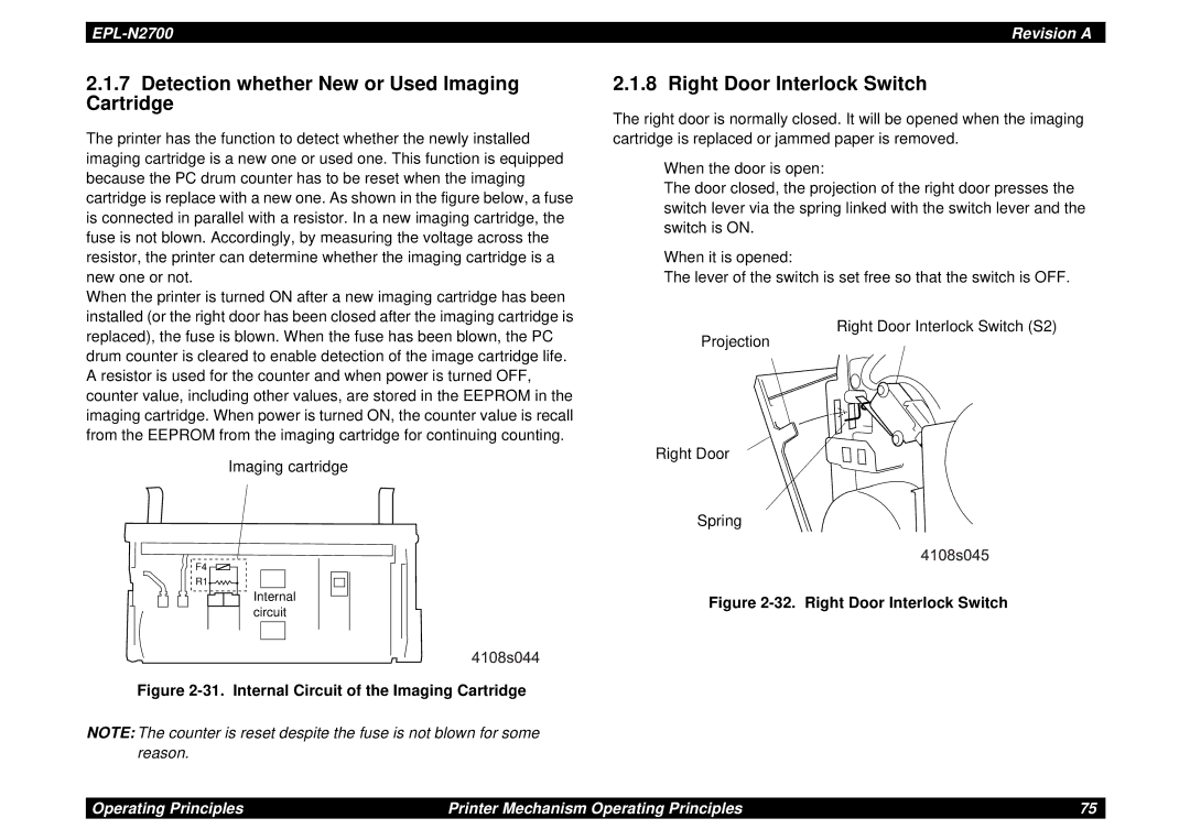 Epson N2700 manual Detection whether New or Used Imaging Cartridge, Right Door Interlock Switch 
