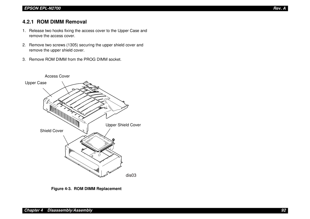 Epson N2700 manual ROM Dimm Removal, ROM Dimm Replacement 