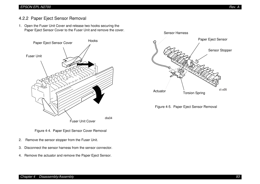 Epson N2700 manual Paper Eject Sensor Removal 