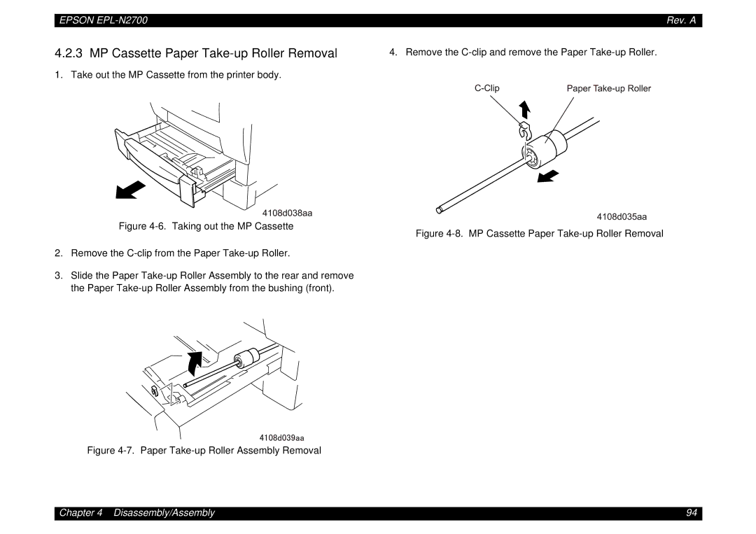 Epson N2700 manual MP Cassette Paper Take-up Roller Removal, Taking out the MP Cassette 