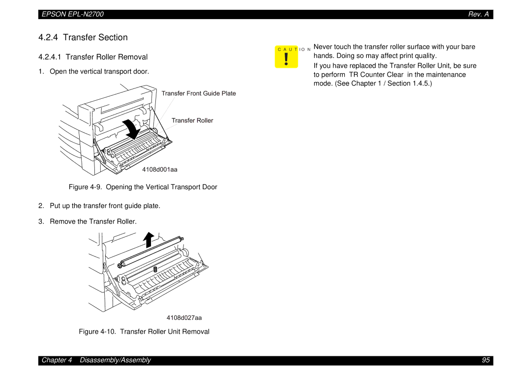 Epson N2700 manual Transfer Section, Transfer Roller Removal, Never touch the transfer roller surface with your bare 